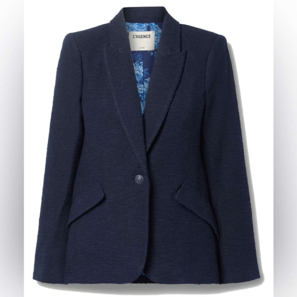 L'AGENCE Chamberlain Boucle Tweed Blazer Jacket Navy Blue Size 14